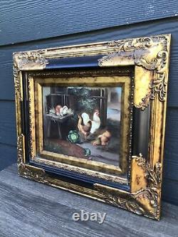 Antique VTG Wooden Gold Glit Baroque Ornate Art Wall Frame Barnyard 17x15.5