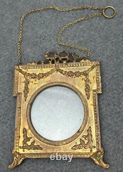 Antique Victorian Metal Wall Hanging Picture Frame Chain Bow Greenery Gold Tone