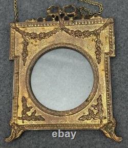 Antique Victorian Metal Wall Hanging Picture Frame Chain Bow Greenery Gold Tone