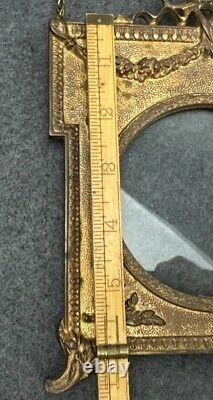 Antique Victorian Metal Wall Hanging Picture Frame Chain Bow Greenery Gold Tone