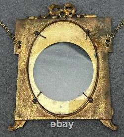 Antique Victorian Metal Wall Hanging Picture Frame Chain Bow Greenery Gold Tone