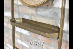 Antiqued Gold Bronze Metal Frame Wall Mounted Round Mirror Shelf & Rung Stand