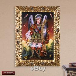 Archangel Michael Painting, Wall Art Peru Folk Art- Gold Handcarved Wood Frame