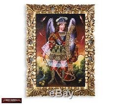 Archangel Michael Painting, Wall Art Peru Folk Art- Gold Handcarved Wood Frame