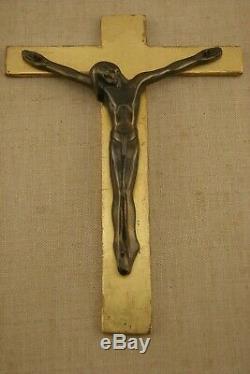 Art Deco Signed Bronze Wall Crucifix / Cross Gold Frame Jesus Christ France