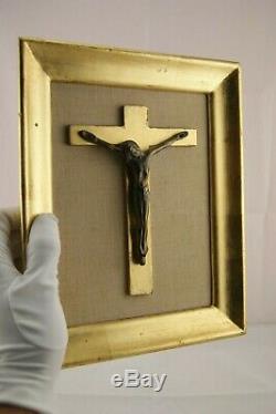 Art Deco Signed Bronze Wall Crucifix / Cross Gold Frame Jesus Christ France