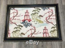 Asian Chinese Pagoda Framed Fabric Art Wall Hanging Chinoiserie Decor Gold Black
