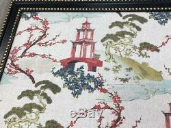 Asian Chinese Pagoda Framed Fabric Art Wall Hanging Chinoiserie Decor Gold Black