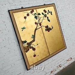 Asian Chinoiserie Framed Gold Leafed Paper Two Panel Screen or Wall Hanging