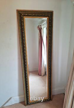 Attractive Long Wooden Bevelled Edge Wall Mirror With Pastel Green & Gold Frame