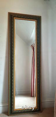 Attractive Long Wooden Bevelled Edge Wall Mirror With Pastel Green & Gold Frame