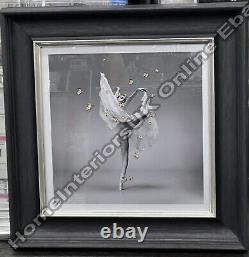 Ballerina white dress gold butterflies with liquid art & black coveframe picture