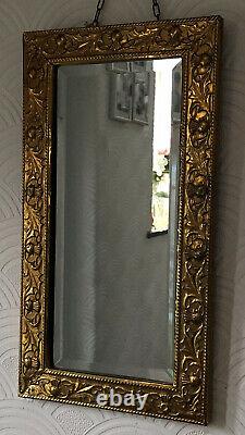 Beautiful Antique / Vintage Pressed Brass Framed Mirror / 20 X 10.5 / Bevelled