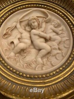 Beautiful Carved Resin Cherub Wall Plaque In Gold Gilt Frame