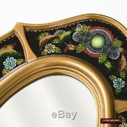 Black Oval wall Mirror with gold color wood frame, Peruvian Ornate Accent Mirror