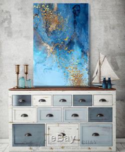 Blue Gold Abstract Stretched Canvas Print Framed Home Wall Decor Printing A364