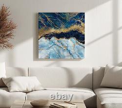 Blue Gold Marble Cut Canvas Print Wall Art, Stylish Home Decor Wall Hanging