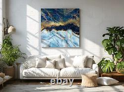 Blue Gold Marble Cut Canvas Print Wall Art, Stylish Home Decor Wall Hanging