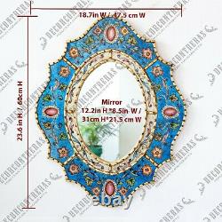 Blue Oval wall Mirror with gold leaf wood frame, Peruvian Ornate Accent Mirror