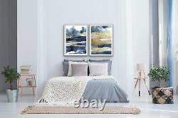 Calm With Gold Two Piece Hamptons Blue Watercolour Wall Art Print s Artwork