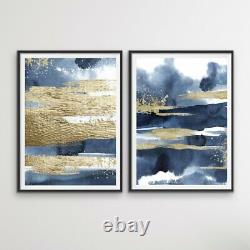 Calm With Gold Two Piece Hamptons Blue Watercolour Wall Art Print s Artwork
