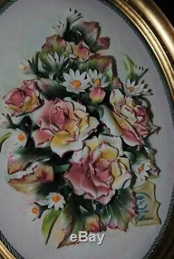 Capodimonte Italy Porcelain Flower Rose Bouquet Gold Framed Wall Plaque