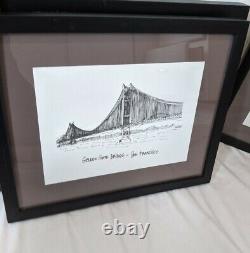 Crate & Barrel framed B&W illustration Of San Francisco Golden Gate Bridge