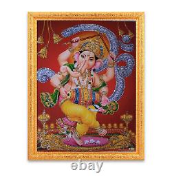 Dancing Ganesh Silver Zari Art Work Photo In Golden Frame Big (14 X 18 Inches)