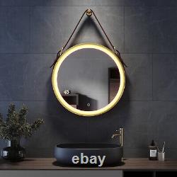 ELEGANT Round LED Bathroom Mirror Lights Leather Strap Wall Hang Demister 600mm
