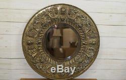 Eye-catching Antique Renaissance Style Round Wall Mirror Repousse Brass Frame