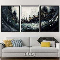 Framed ABSTRACT Black Gold Glitter effect Wall Art Print Picture Print Set Of 3