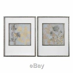 Framed Flowers Modern Wall Art Print Set Gold Silver Floral Metallic