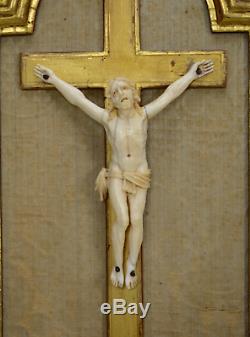French Antique Hand Carved Crucifix Wall Cross Gilded Wood Frame 19th. C