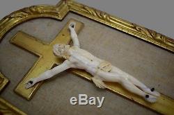 French Antique Hand Carved Crucifix Wall Cross Gilded Wood Frame 19th. C