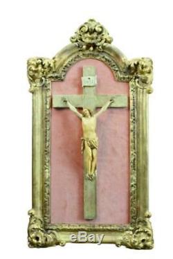 French Antique Religious Hand Carved Gilded Wood Frame Hand Carved Wall Crucif