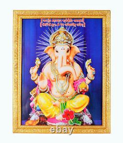Ganesha Silver Zari Art Work Photo In Golden Frame Big (14 X 18 Inch)