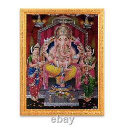 Ganesha Silver Zari Art Work Photo In Golden Frame Big (14 X 18 Inches)