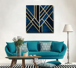 Geometric Blue Gold Stretched Canvas Print Framed Wall Art Home Office Decor DIY