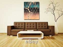 Geometric Grid Stretched Canvas Print Framed Wall Art Home Office Gold Decor