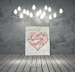 Geometric Rose Gold / Pink Heart on Grey Marble Canvas Wall Art Picture Print