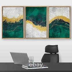 Gold Green Abstract Framed Art Set of 3 Canvas Print Wall Art with Frame