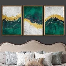 Gold Green Abstract Framed Art Set of 3 Canvas Print Wall Art with Frame