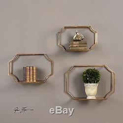 Gold Metal Glass Wall Shelf Set 3 Hanging Shelves Frames Contemporary Sculpted