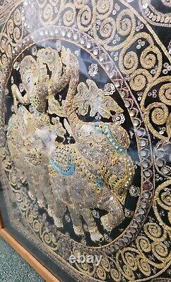 Gold Thread Kalaga Sequinned Asian Temple Wall Art Framed 64 x 64cm Glass Panel