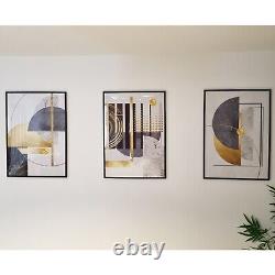 Gold White 50x70 Framed Wall Art Set of 3 Prints Abstract Artwork Black Frames