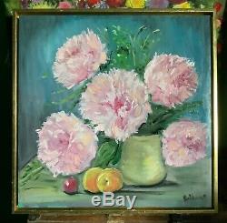 Gold framed oil painting peonies still life pink blue home decor 16.5 wall art