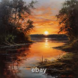 Golden Sunset Oil Painting Water Luxury Canvas Wall Art Picture Print Colourful