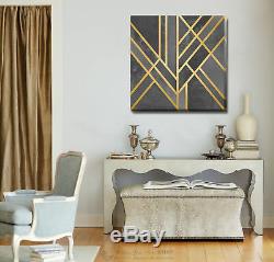 Grey Black Gold Grid Stretched Canvas Print Framed Wall Art Home Office Decor