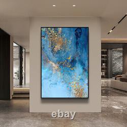 Hand Painted Abstract Wall Art Blue and Gold Painting Frame Home Décor 6090c