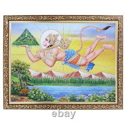 Hanuman With Parvat Zari Art Work Photo In Copper Gold Frame Big (14 X 18 Inch)